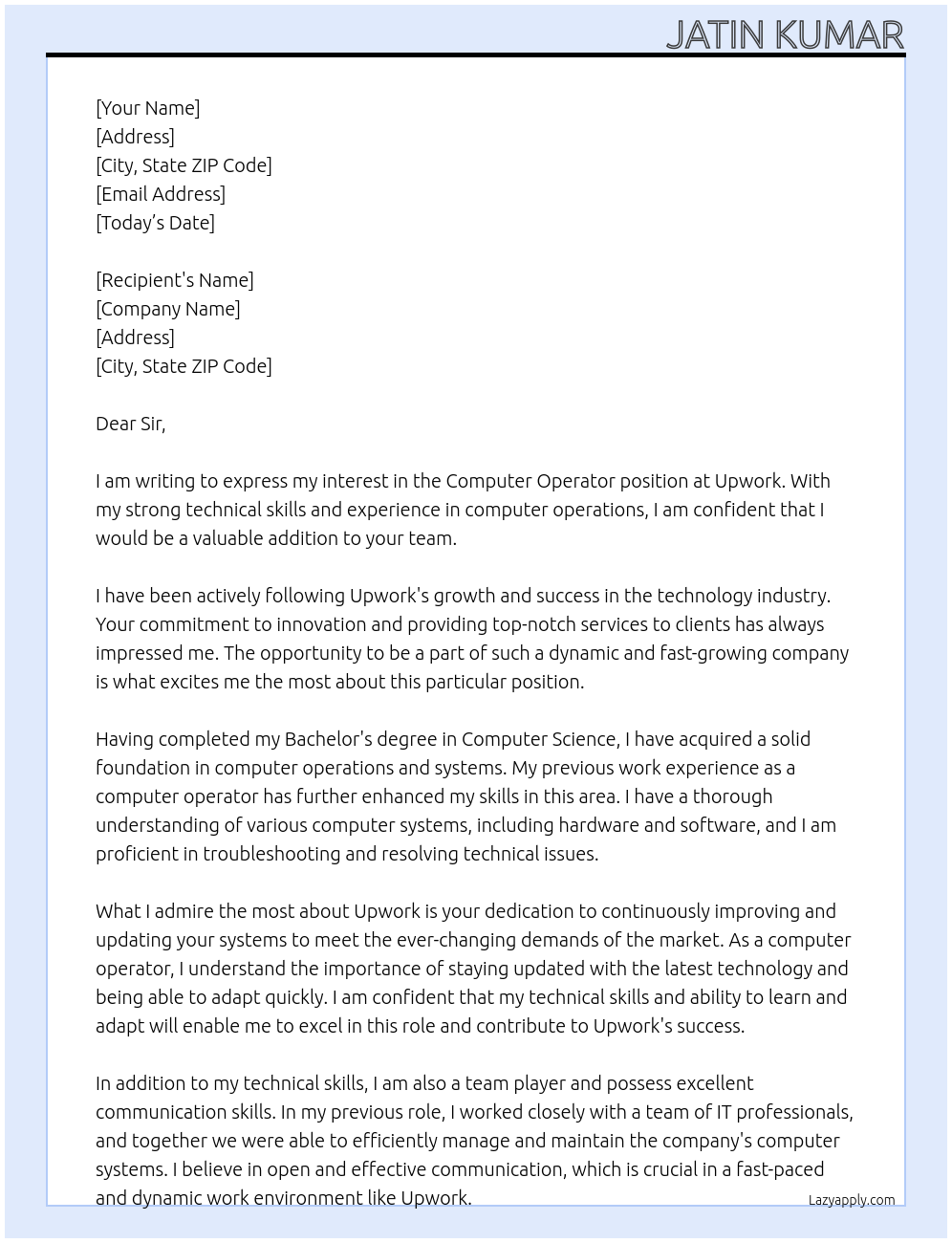 computer operator At upwork Cover Letter