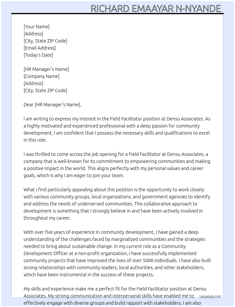 Field facilitator  At Densu associate  Cover Letter