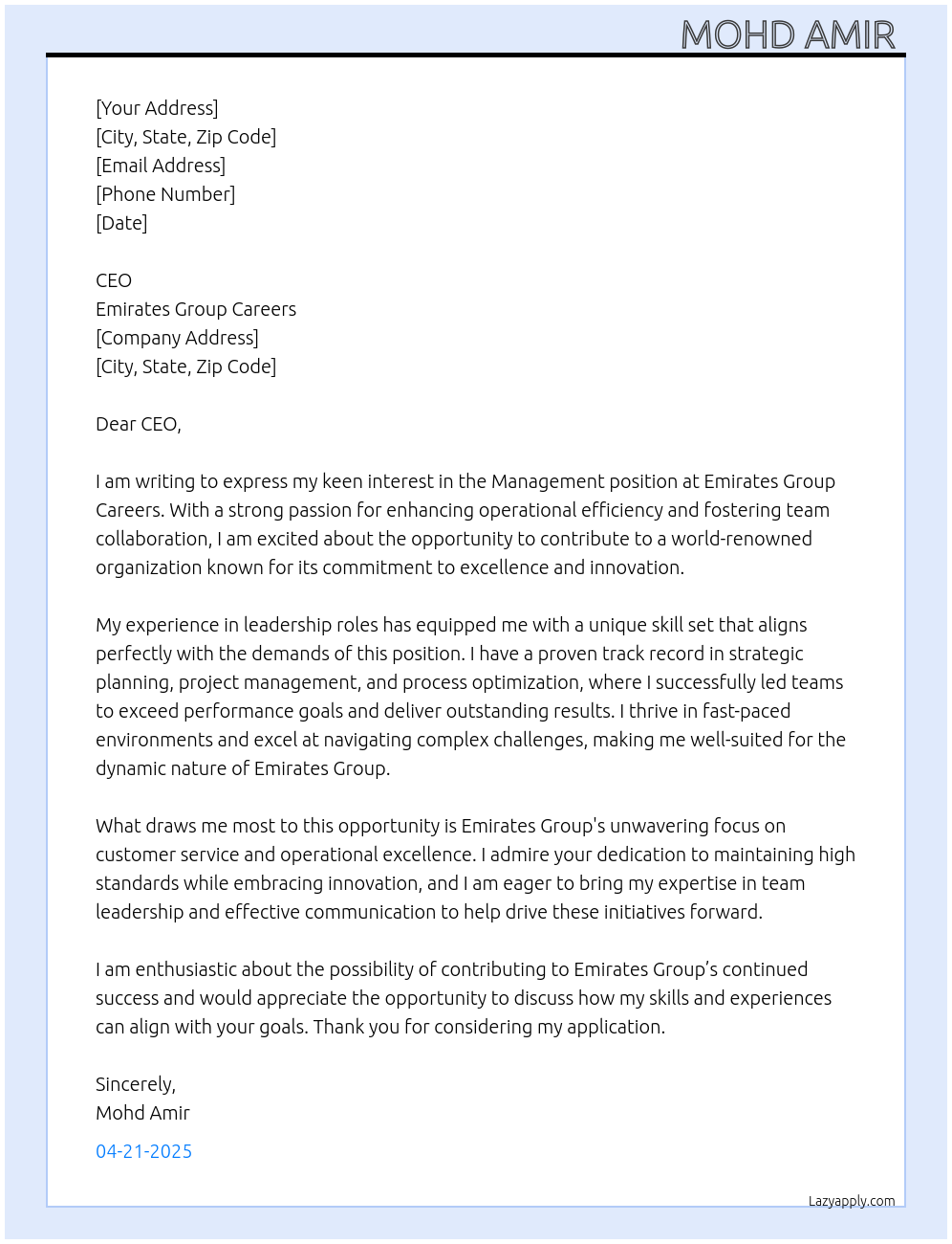 Management At Emirates Group Careers Cover Letter