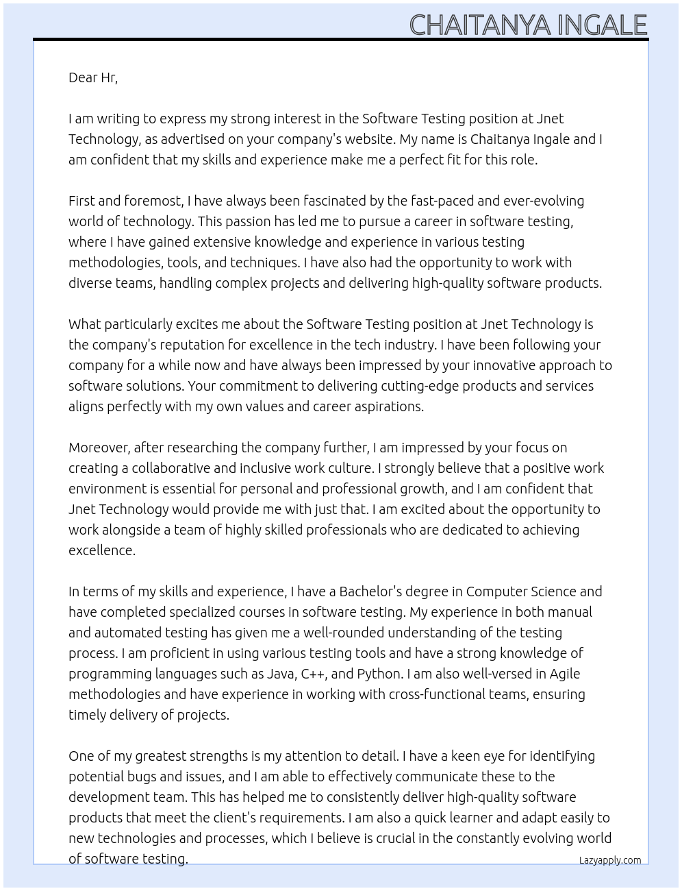 Software testing At Jnet technology Cover Letter