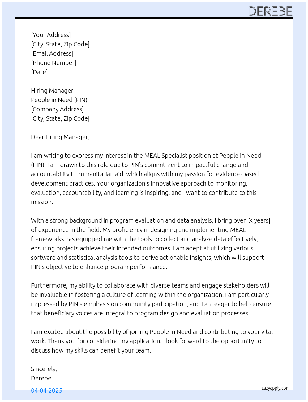 MEAL specialist  At People in Need(PIN) Cover Letter