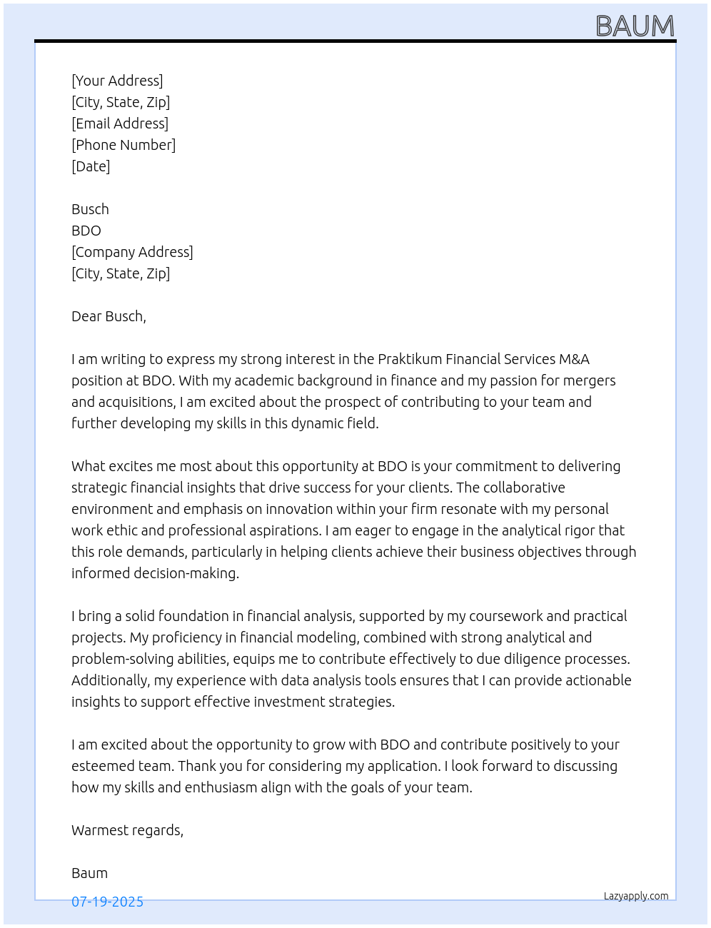 praktikum financial services m&a At bdo Cover Letter