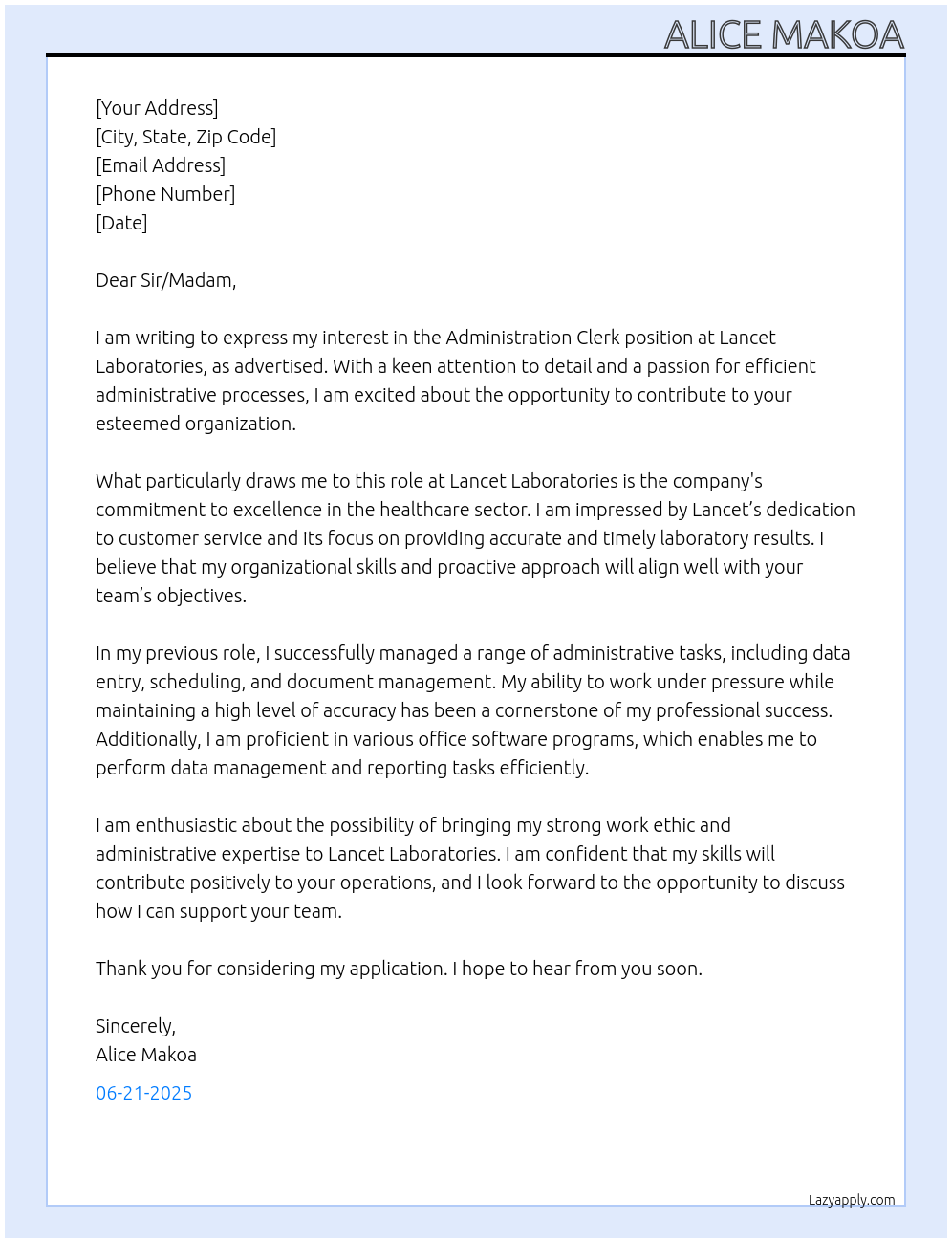 Administration clerk At Lancet laboratories Cover Letter