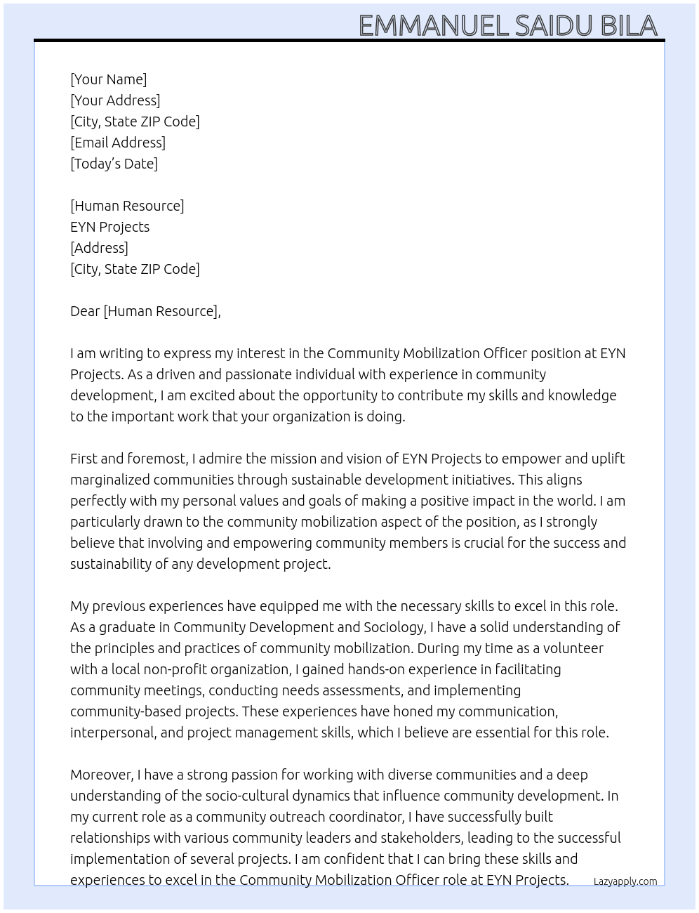 Community mobilization officer  At EYN projects  Cover Letter