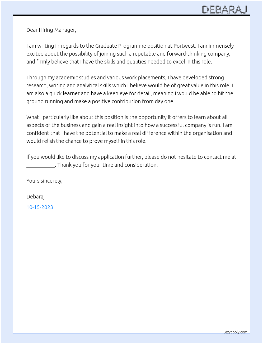 Graduate Programme At Portwest Cover Letter