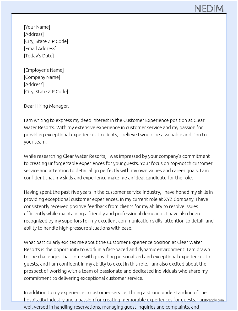 Customer experience At Clear water resorts Cover Letter