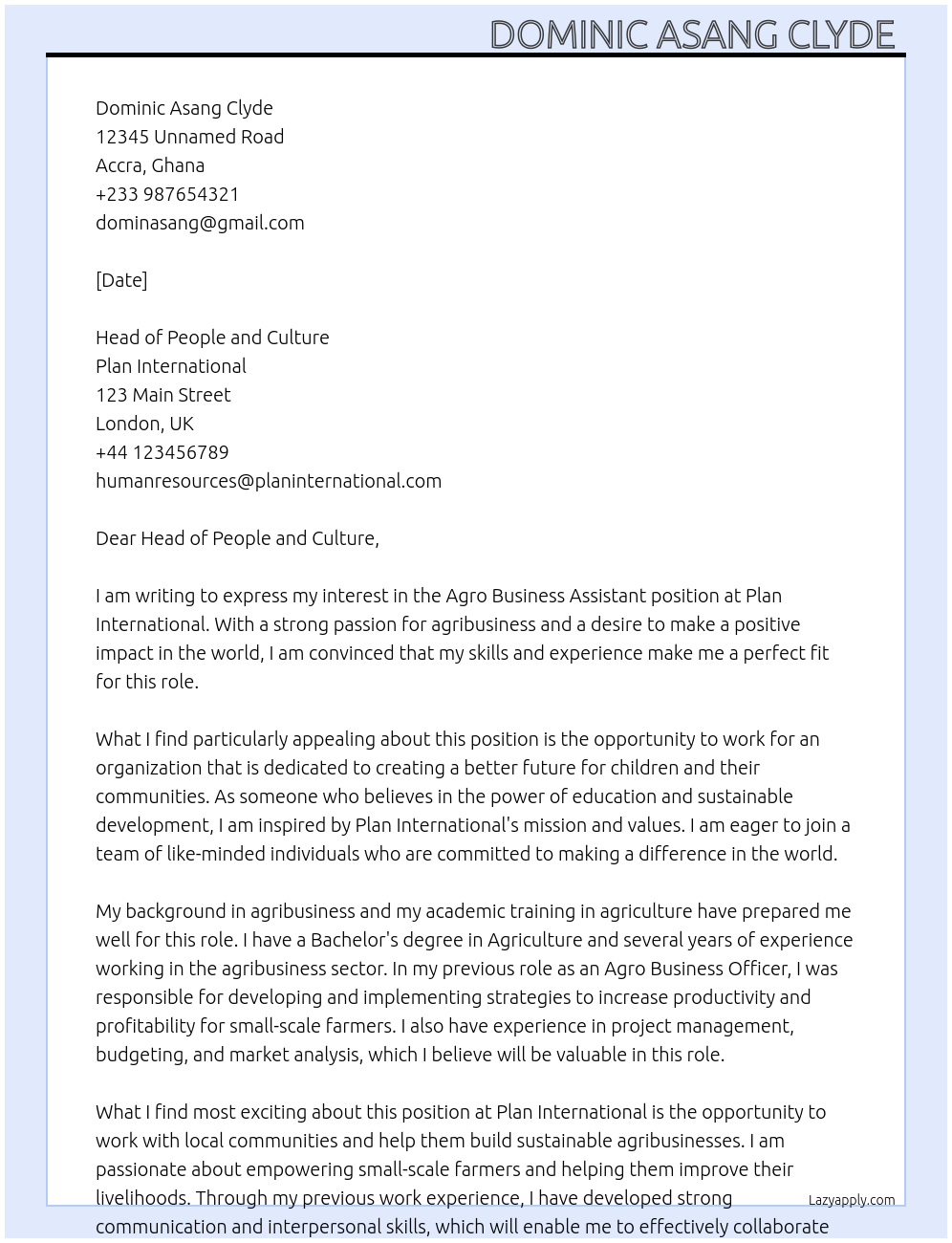 Agro business Assistant  At Plan International  Cover Letter