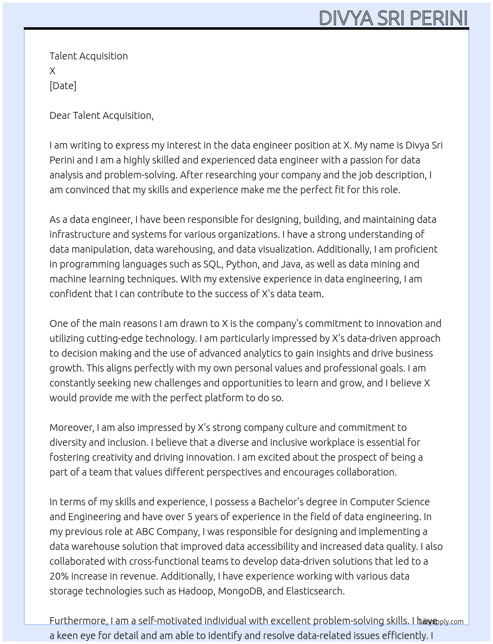 data engineer At X Cover Letter