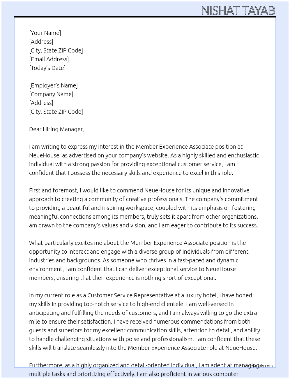 Member Experience Associate At NeueHouse Cover Letter