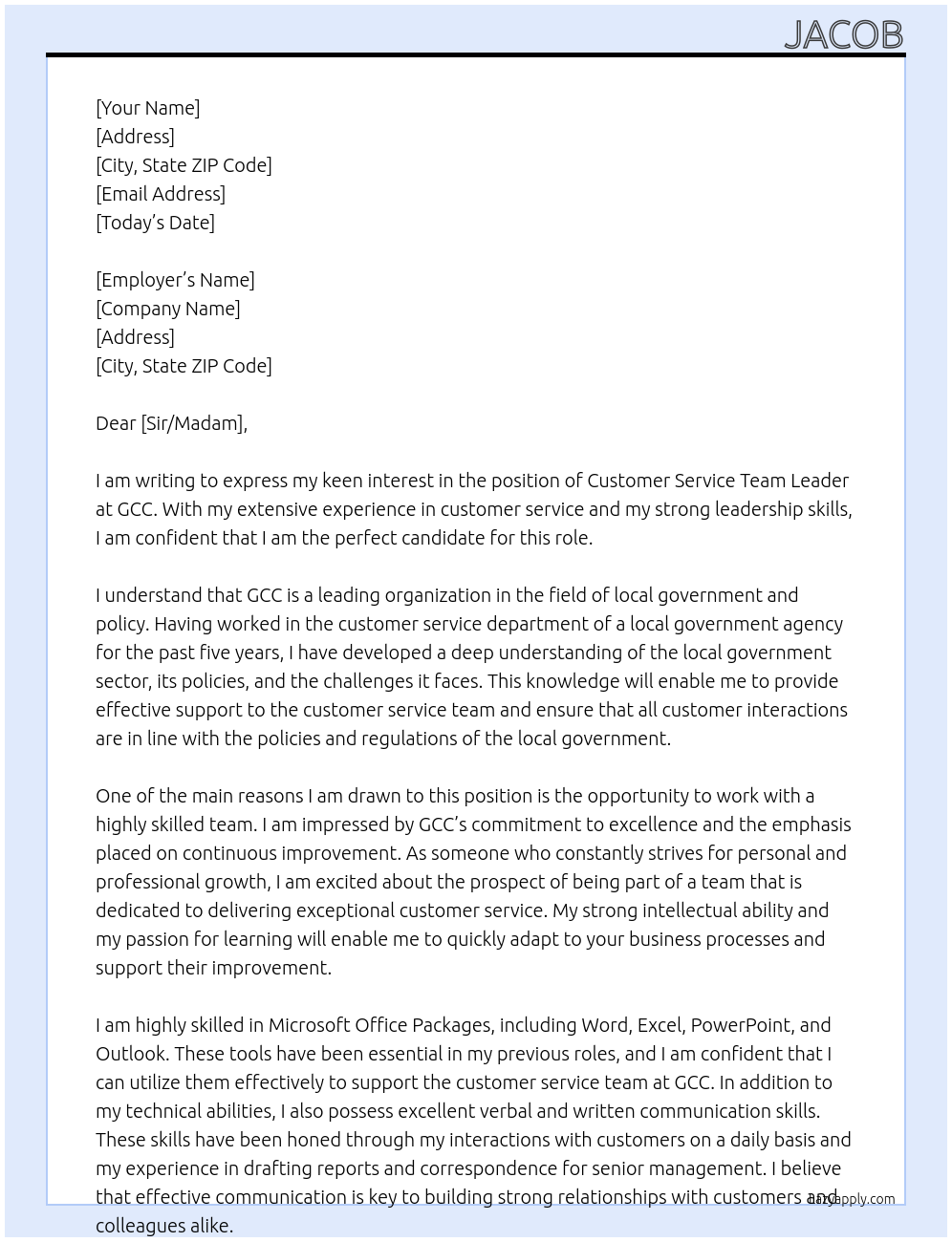 Customer Service Team Leader At GCC Cover Letter