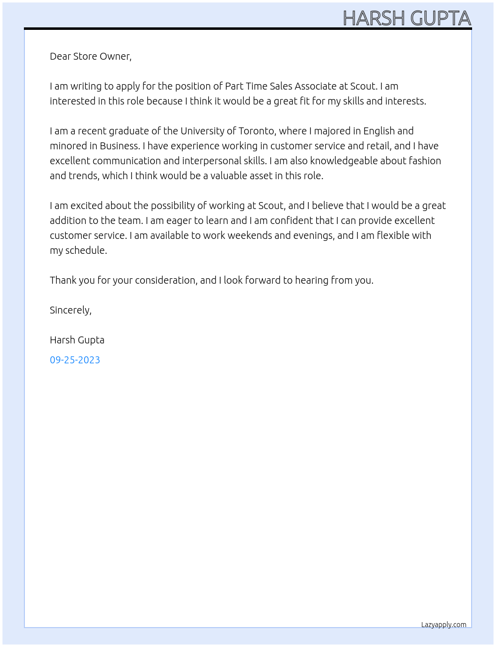 PART TIME SALES ASSOCIATE At scout Cover Letter