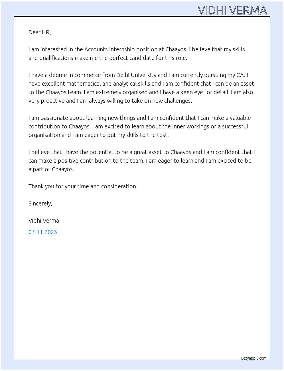 Accounts internship At Chaayos Cover Letter