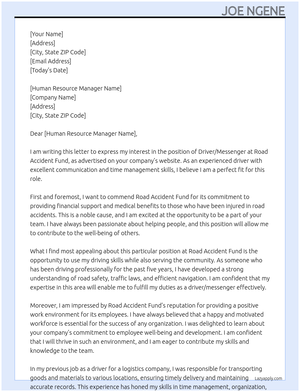 driver/messenger At road accident fund Cover Letter