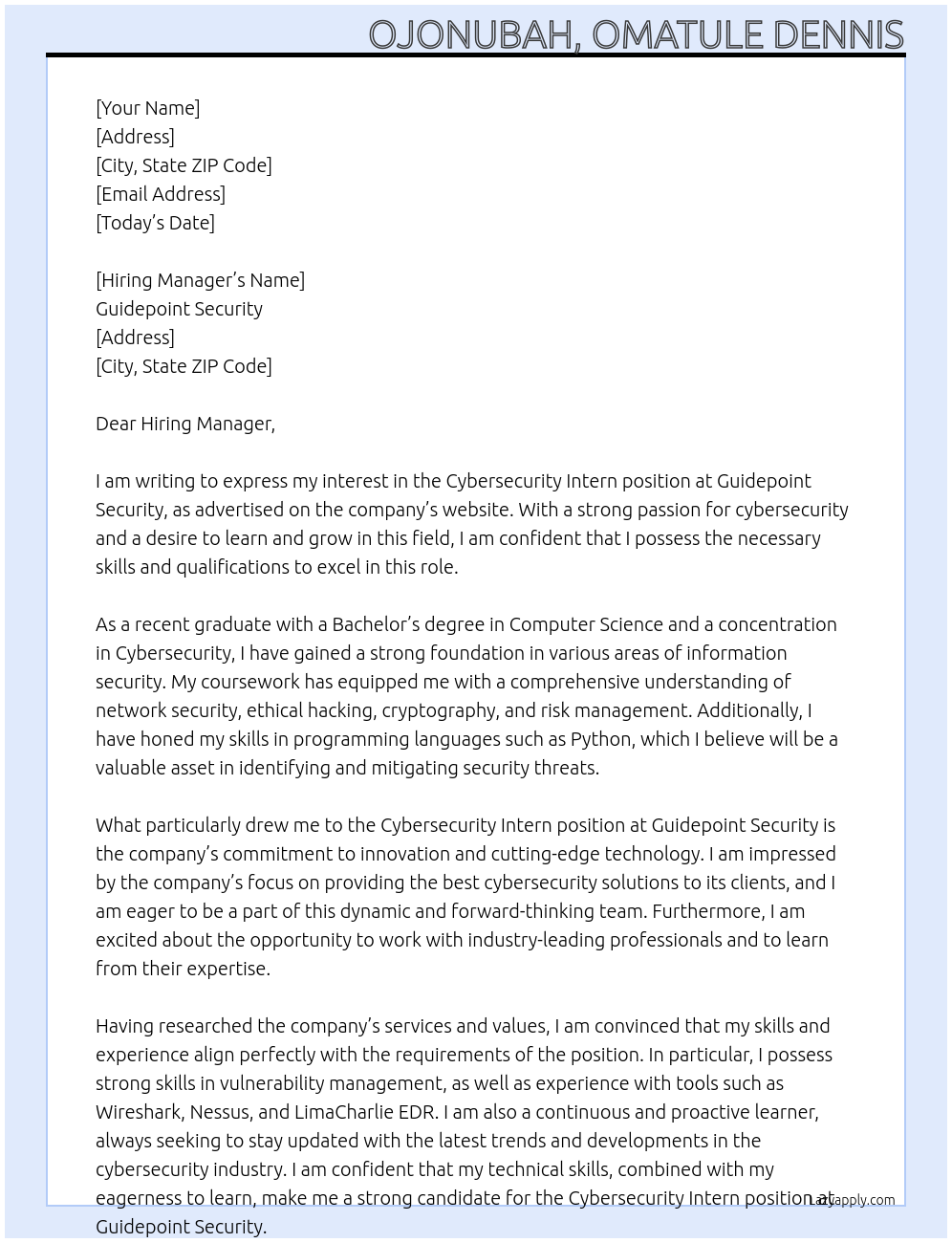 Cybersecurity Intern At  Guidepoint Security Cover Letter