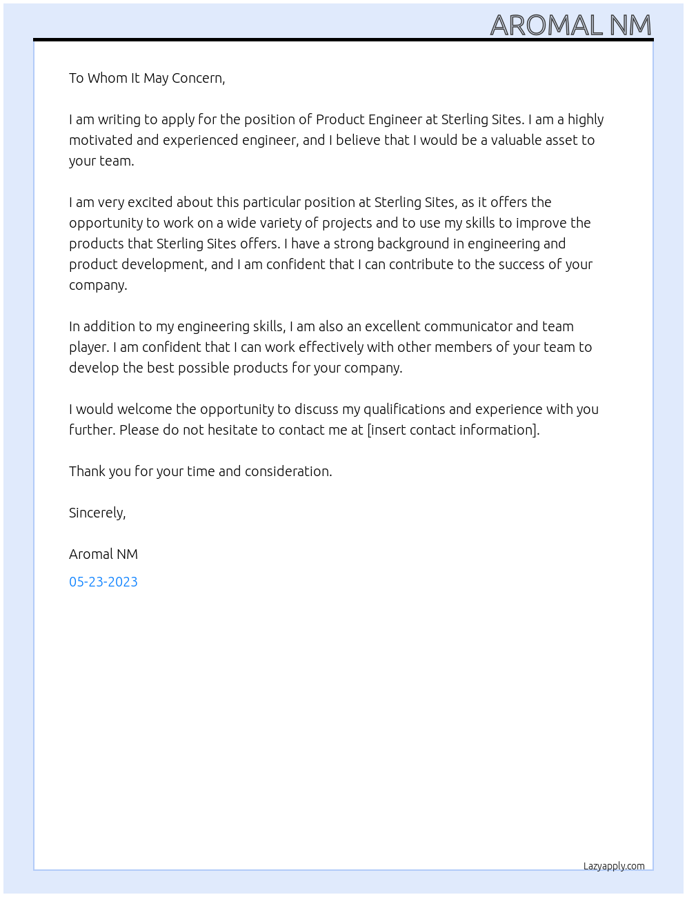 product engineer At Sterling Sites Cover Letter