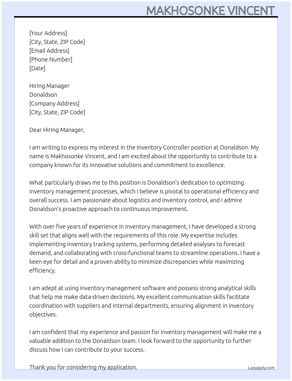 Inventory controller At Donaldson Cover Letter