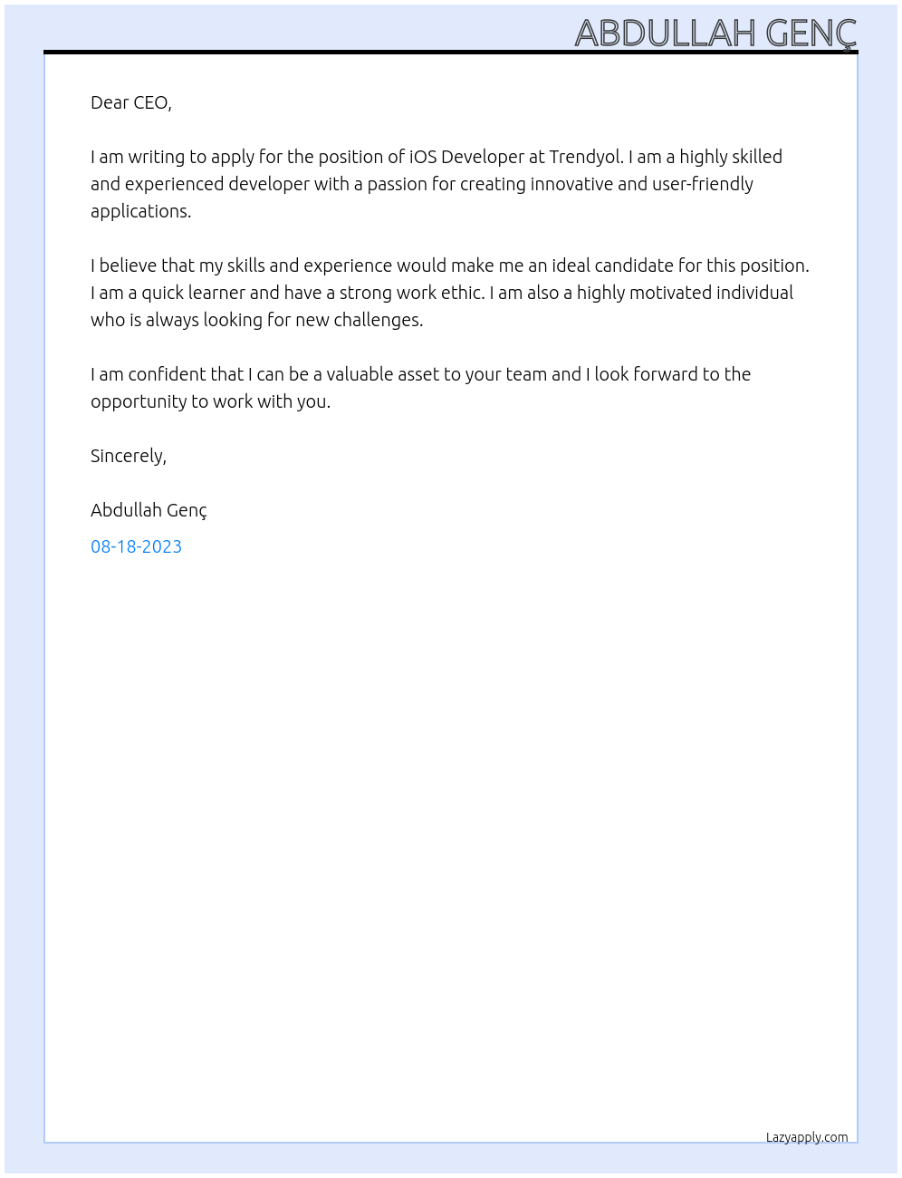 iOS Developer At Trendyol Cover Letter