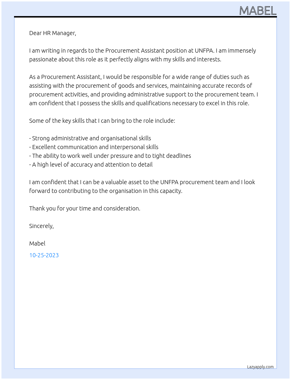 Procurement assistant  At UNFPA Cover Letter