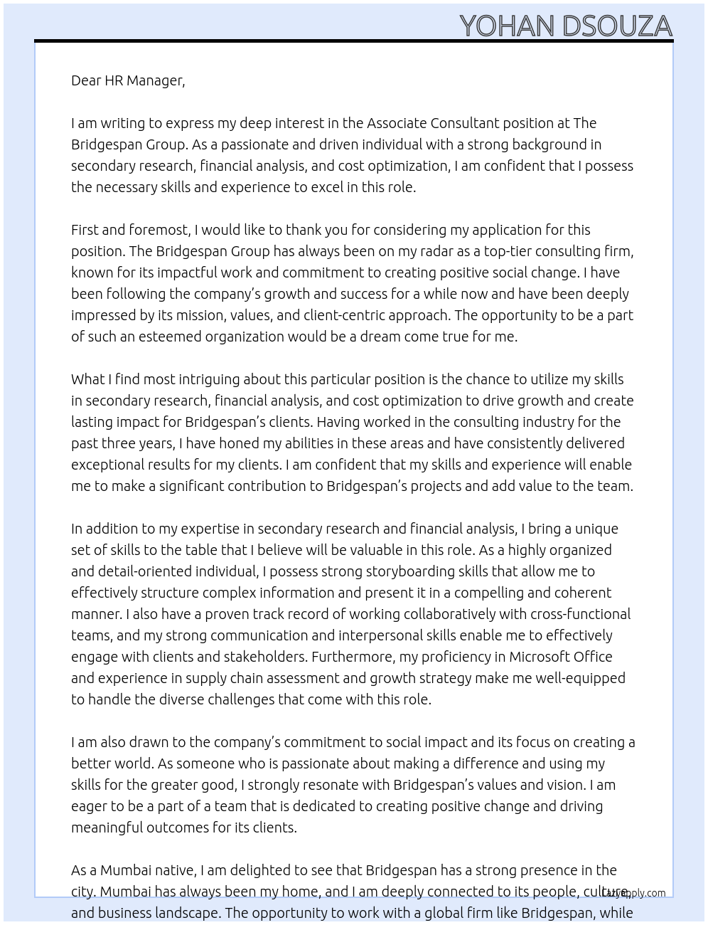 Associate Consultant At The Bridgespan Group Cover Letter