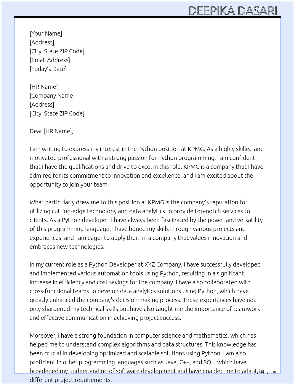 Python At KPMG Cover Letter