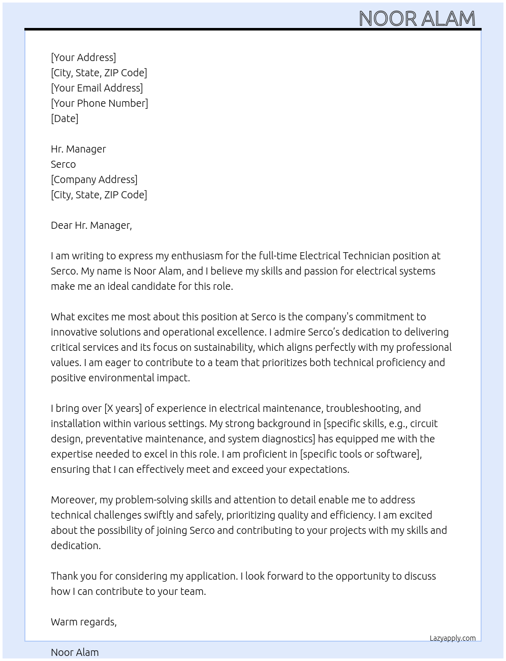 Electrical technician At Serco Cover Letter