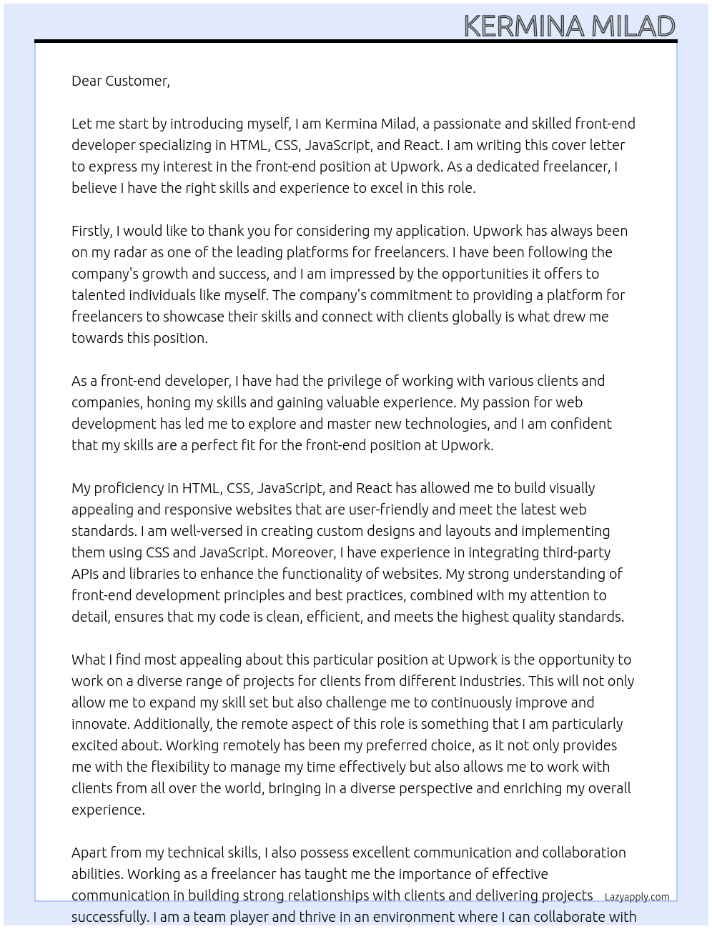 front end At upwork Cover Letter