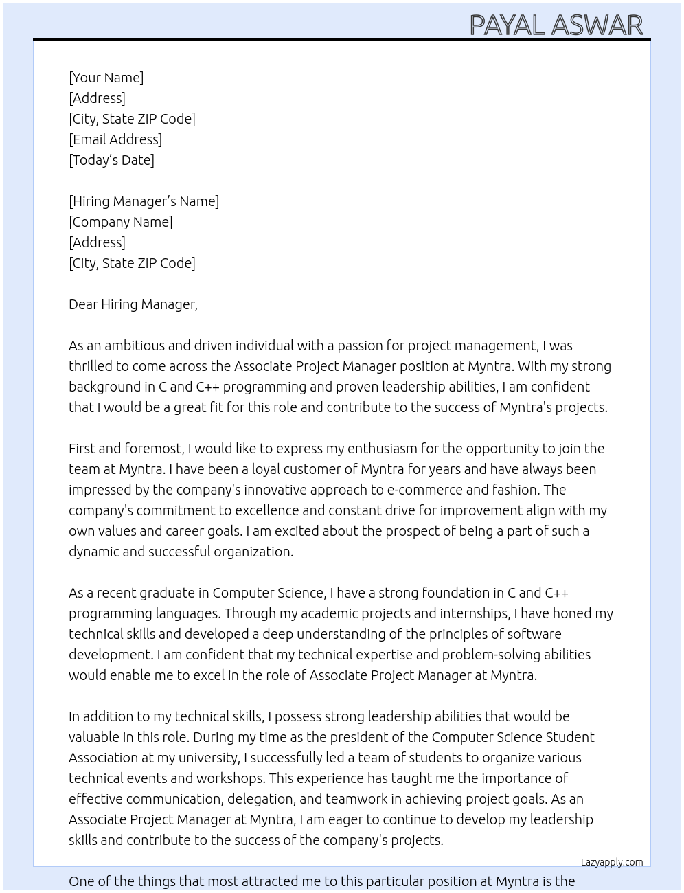 Associate Project Manager  At Myntra  Cover Letter