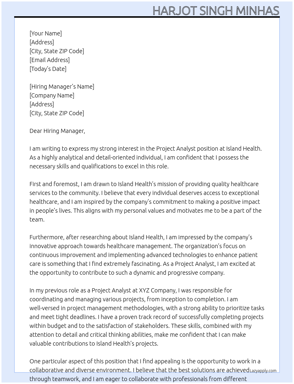 Project Analyst At Island HEalth Cover Letter