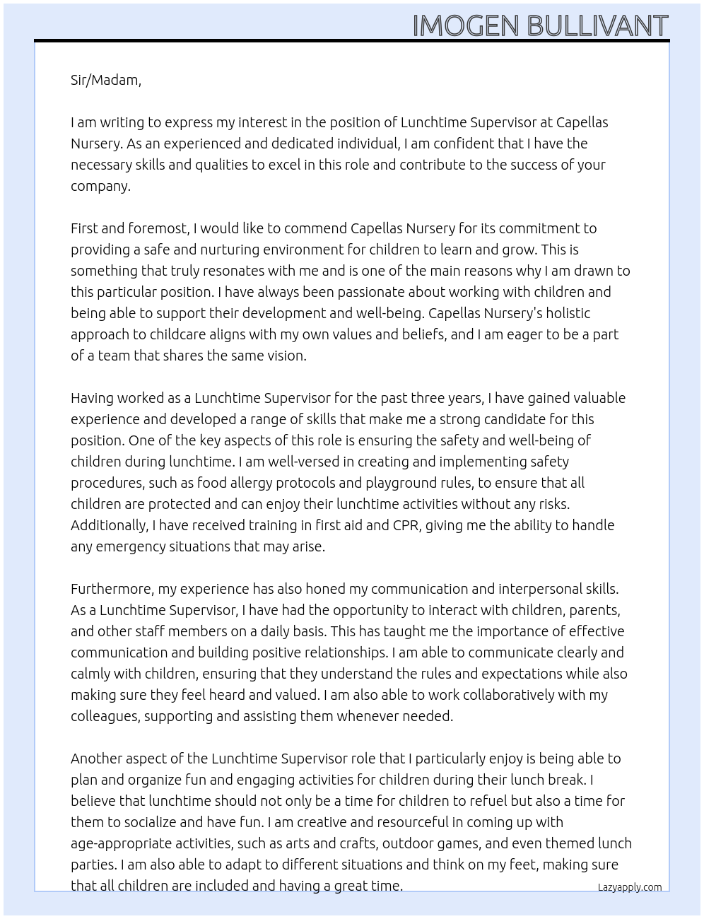 Lunchtime supervisor At Capellas Nursery Cover Letter