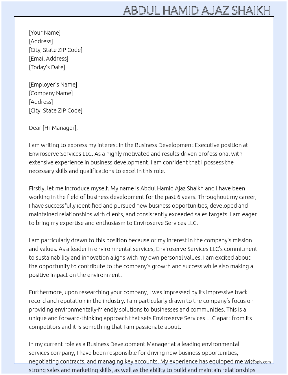 Business Development Executive At Enviroserve Services LLC Cover Letter