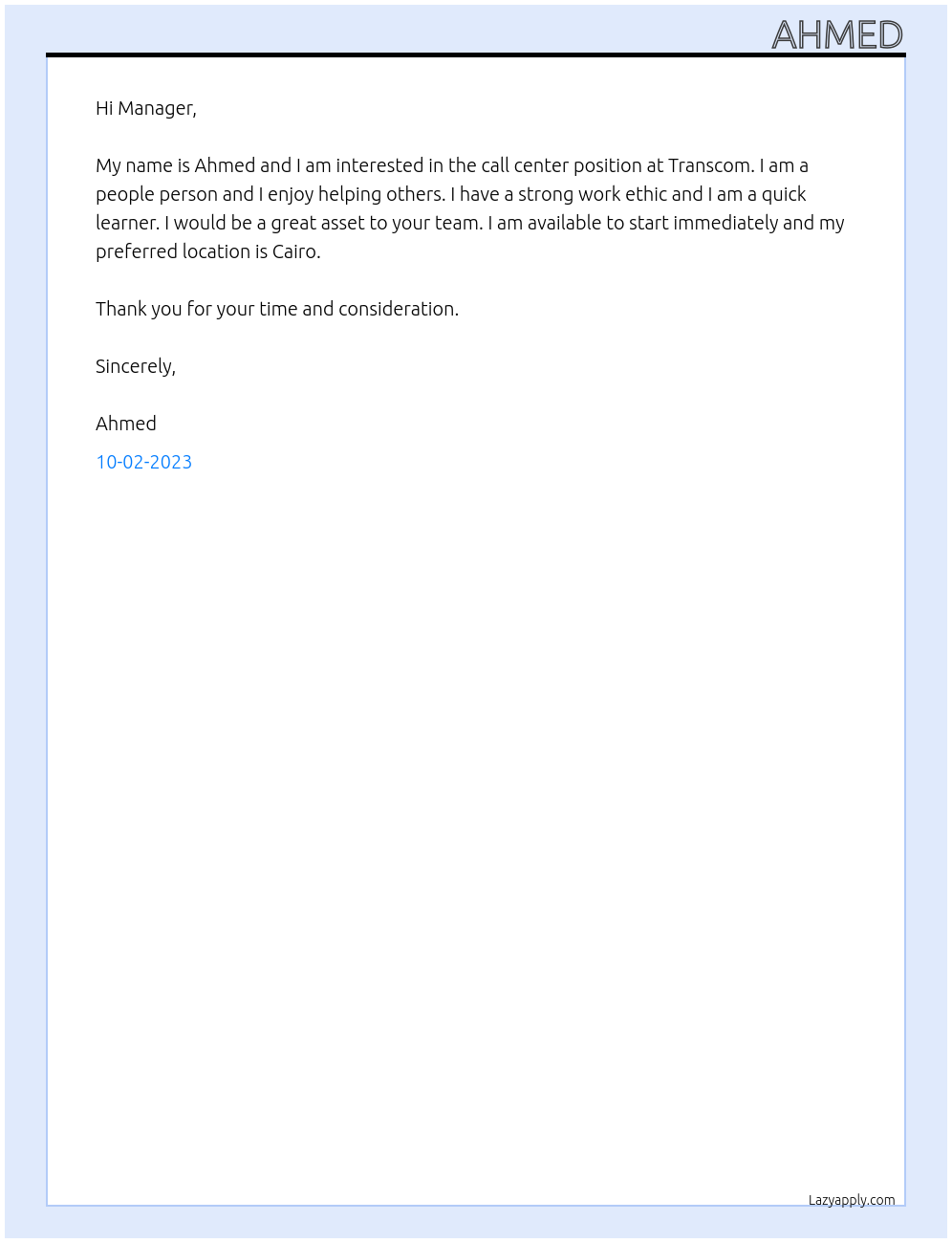 Call center At Transcom Cover Letter