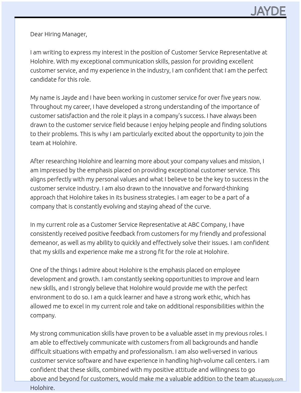 Customer service rep At Holohire Cover Letter