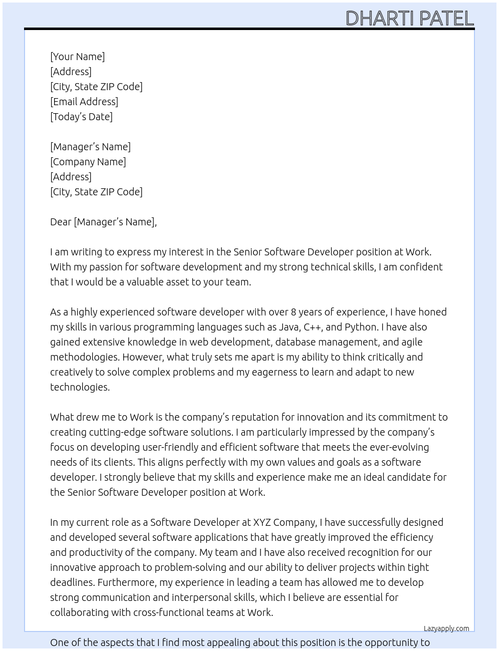 Senior Software Developer At Work Cover Letter