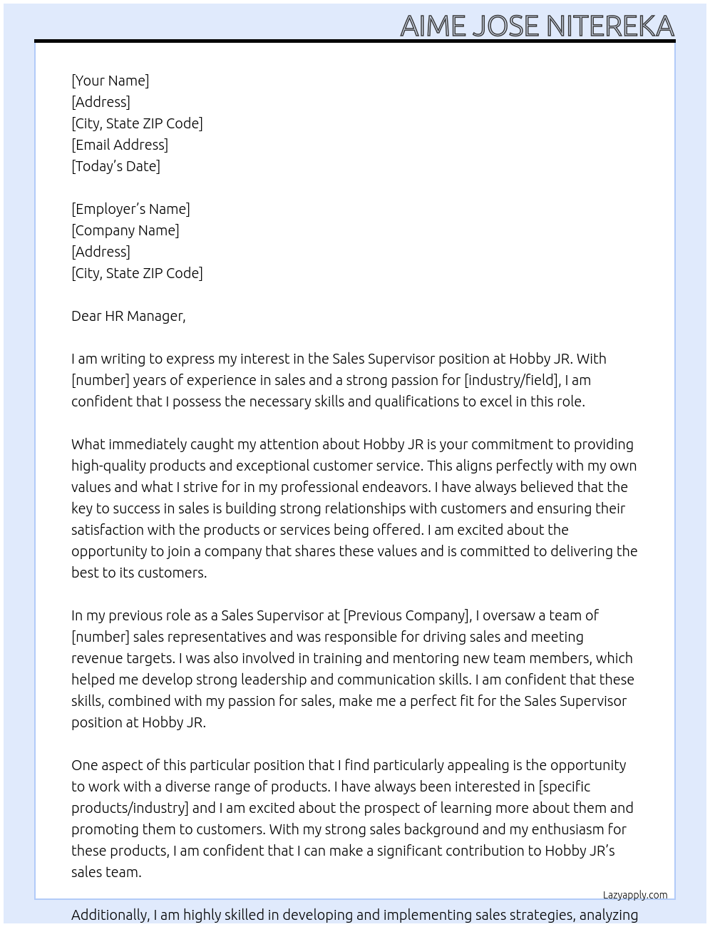Sales supervisor At Hobby JR Cover Letter