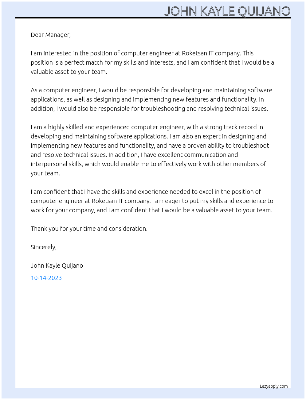 Computer engineer At Roketsan IT company Cover Letter