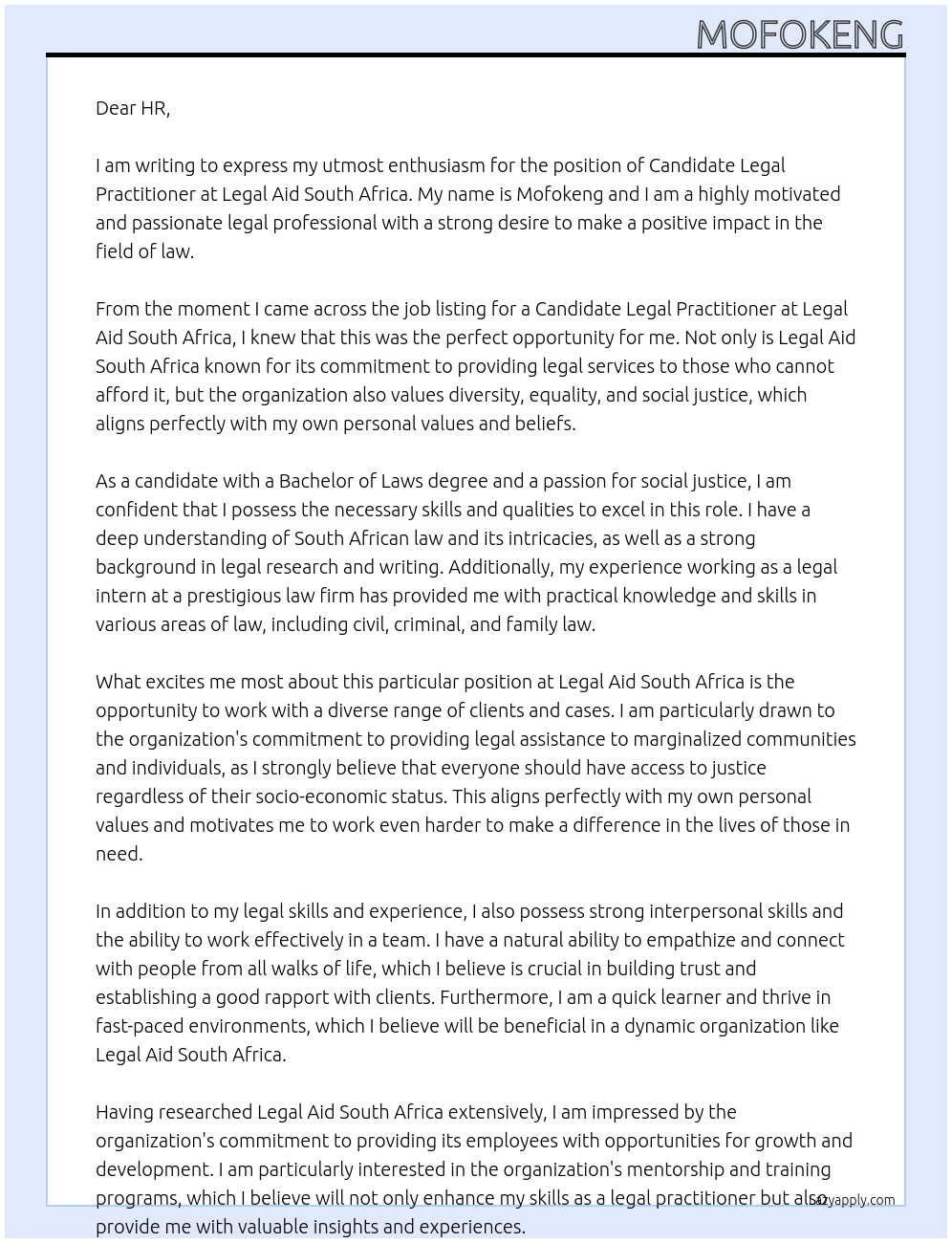 Candidate Legal Practitioner At Legal Aid South Africa Cover Letter