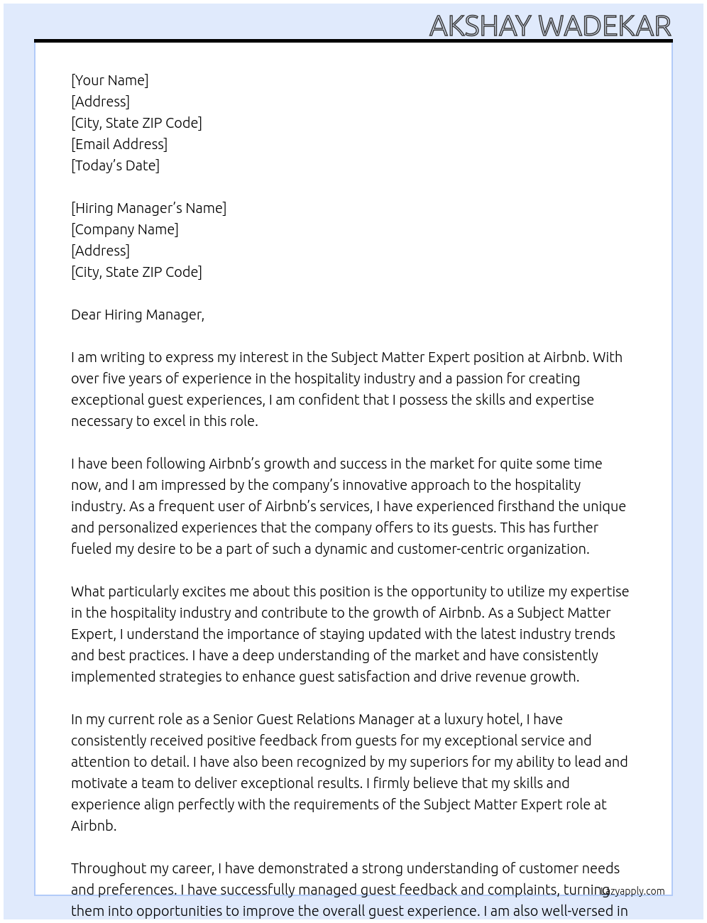 Subject matter expert At Airbnb Cover Letter