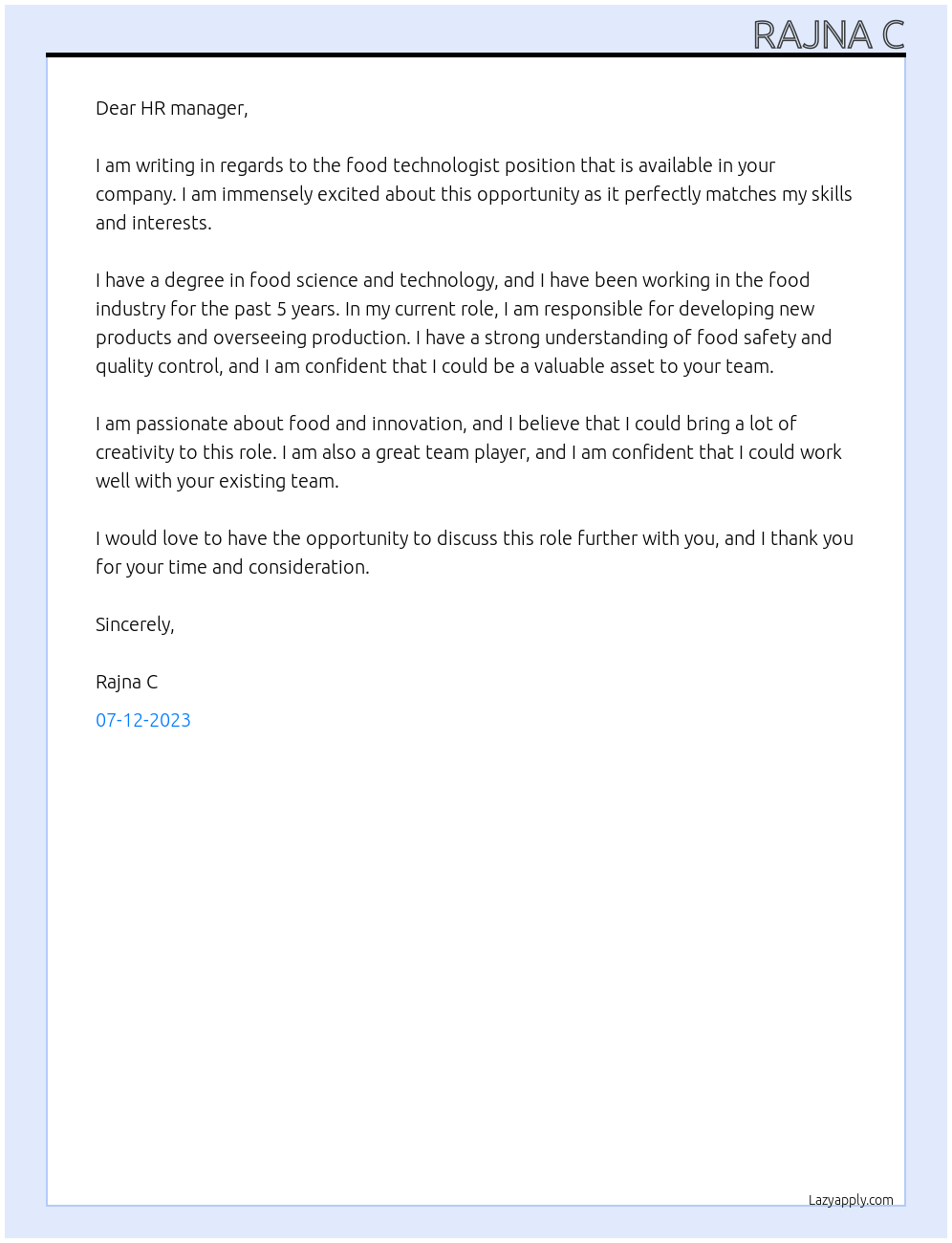 Food technologist At Food industry Cover Letter