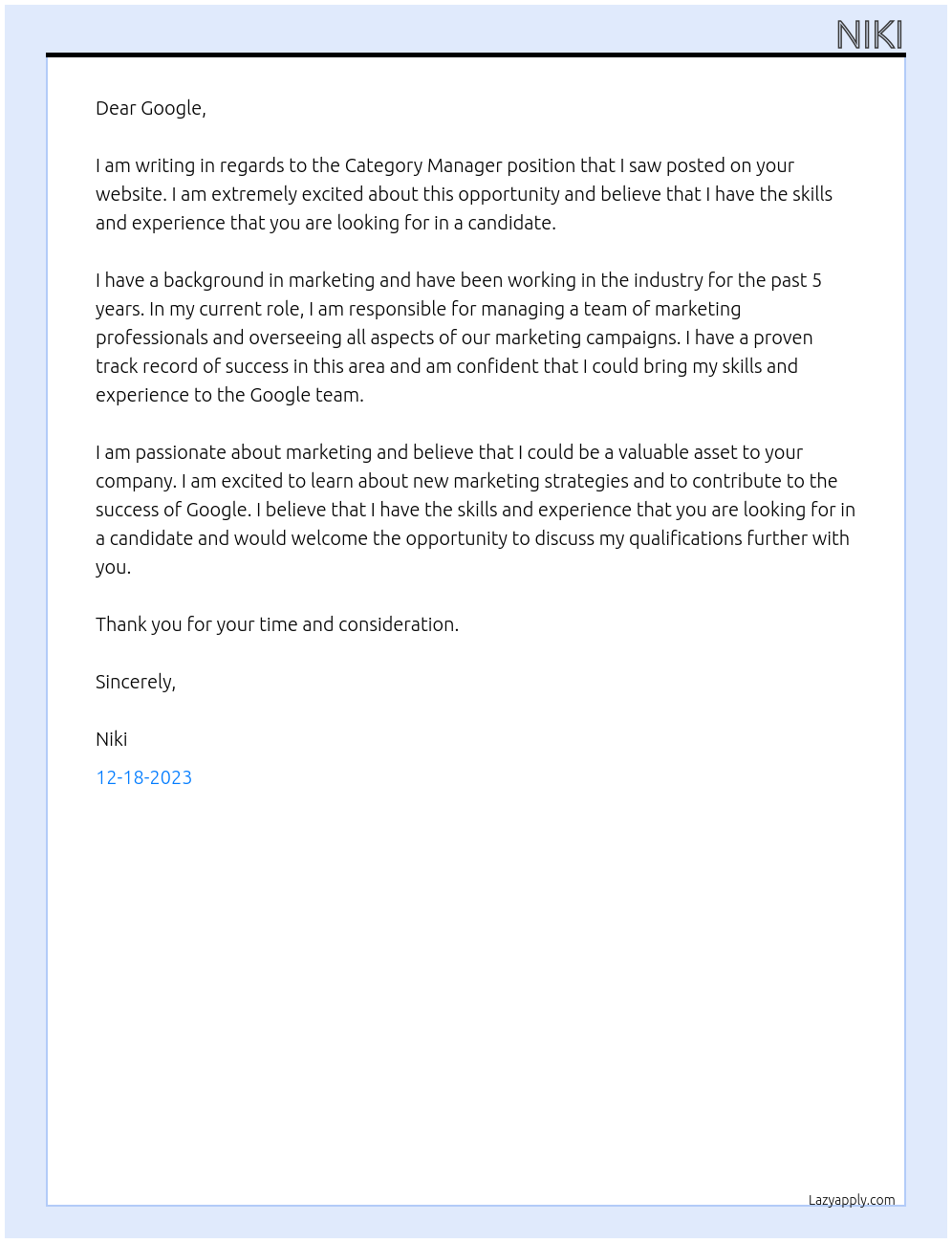 Category Manager At google Cover Letter