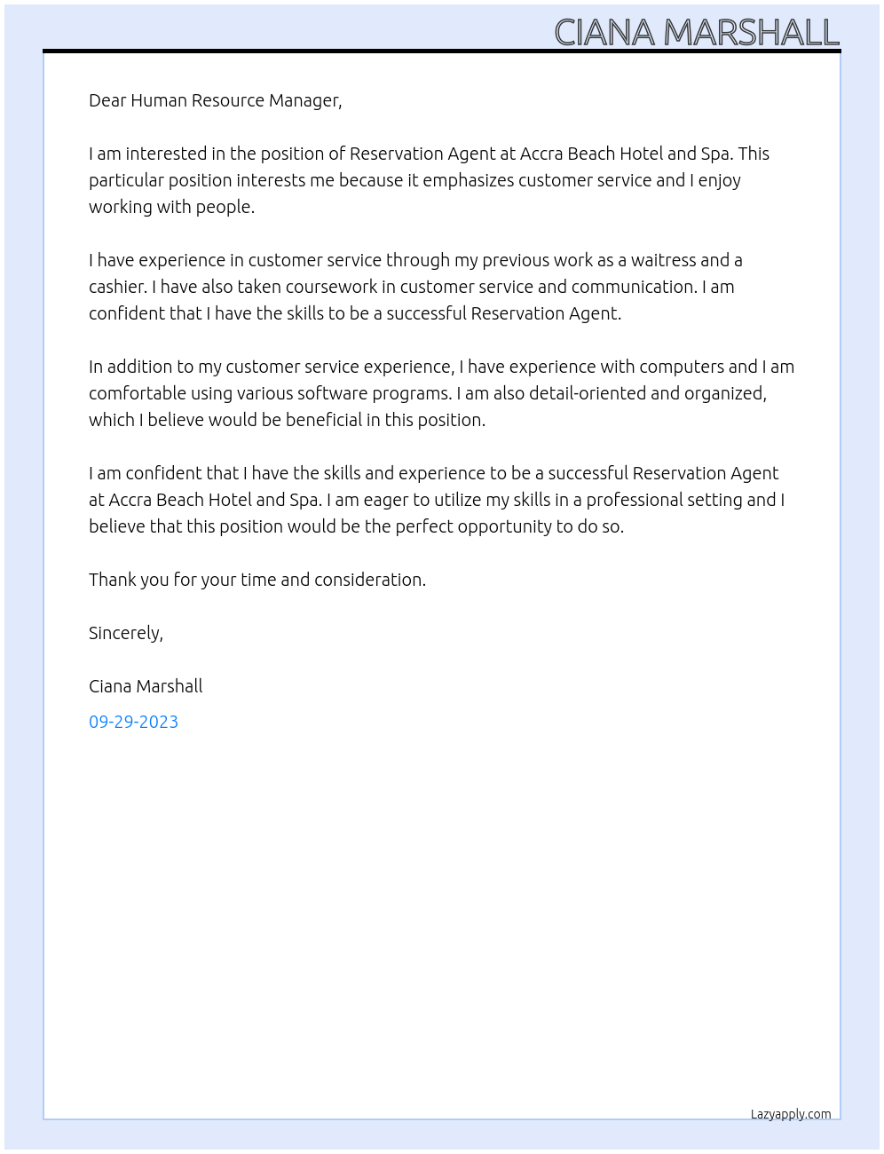 Reservation Agent At Accra Beach Hotel and Spa Cover Letter