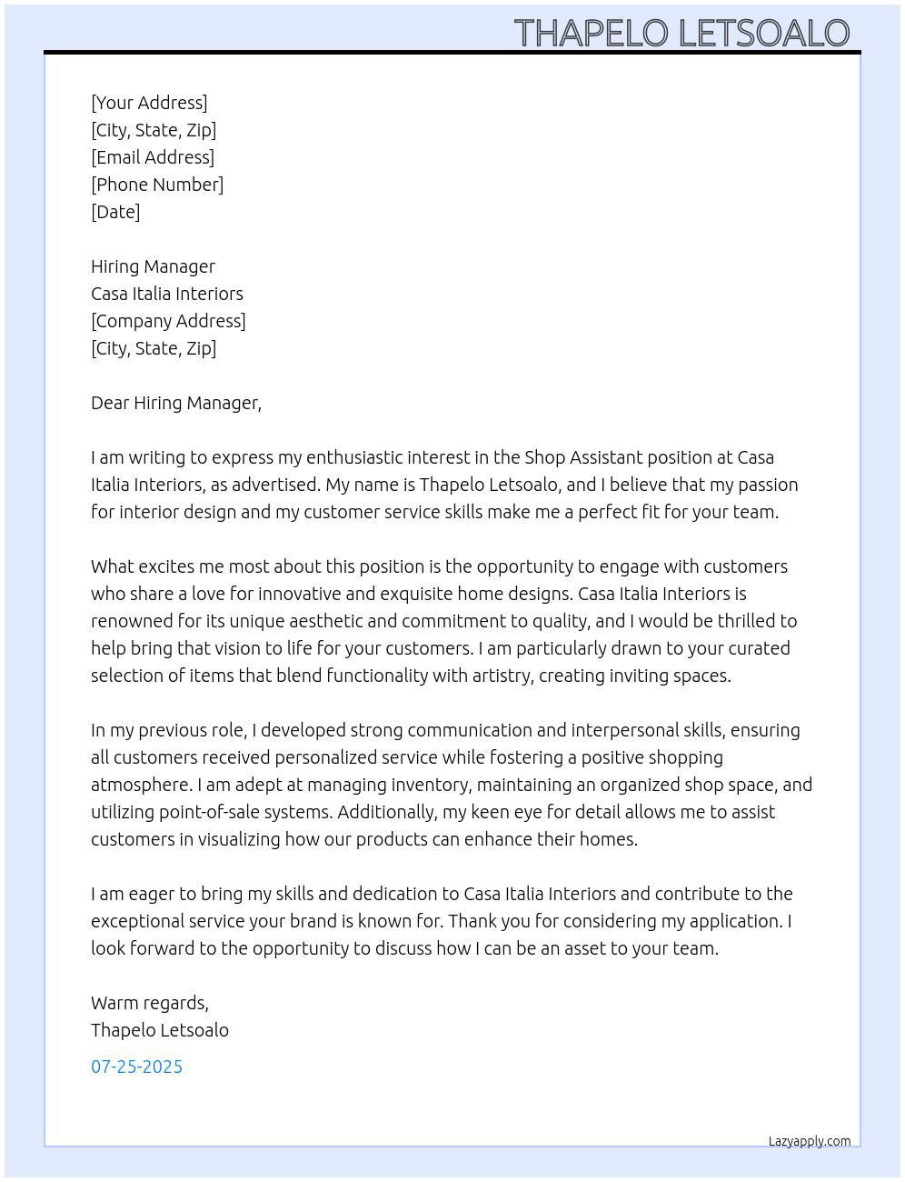 Shop assistant At Casa Italia Interiors Cover Letter