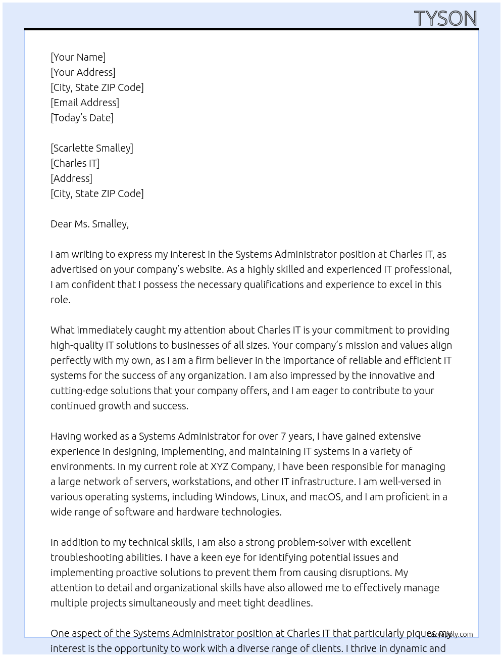Systems Administrator At Charles IT Cover Letter