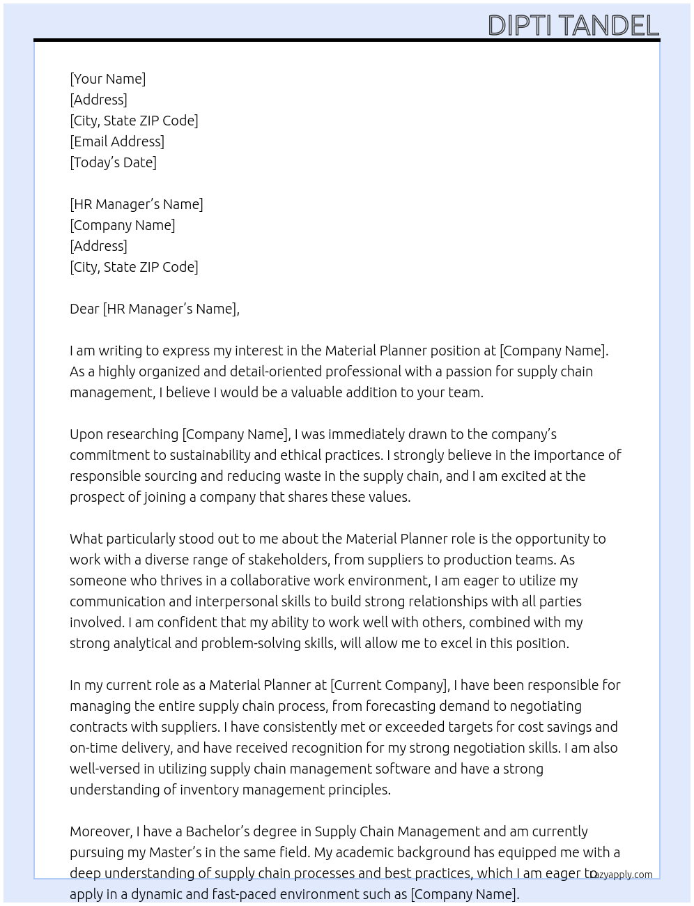 Material Planner At Material Planner Cover Letter
