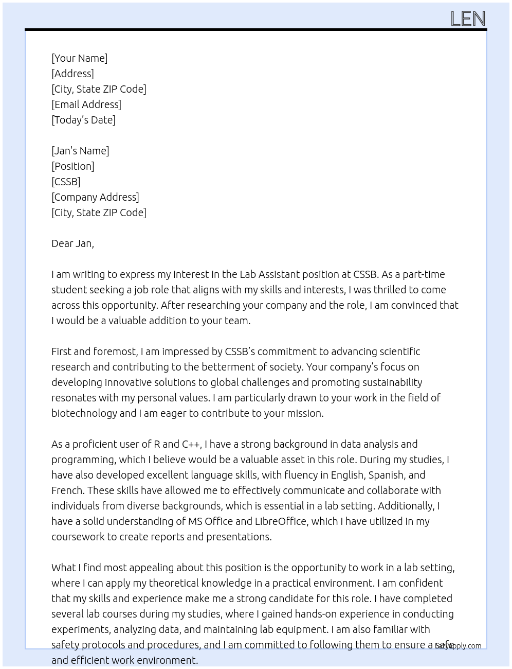 lab assistant At CSSB Cover Letter