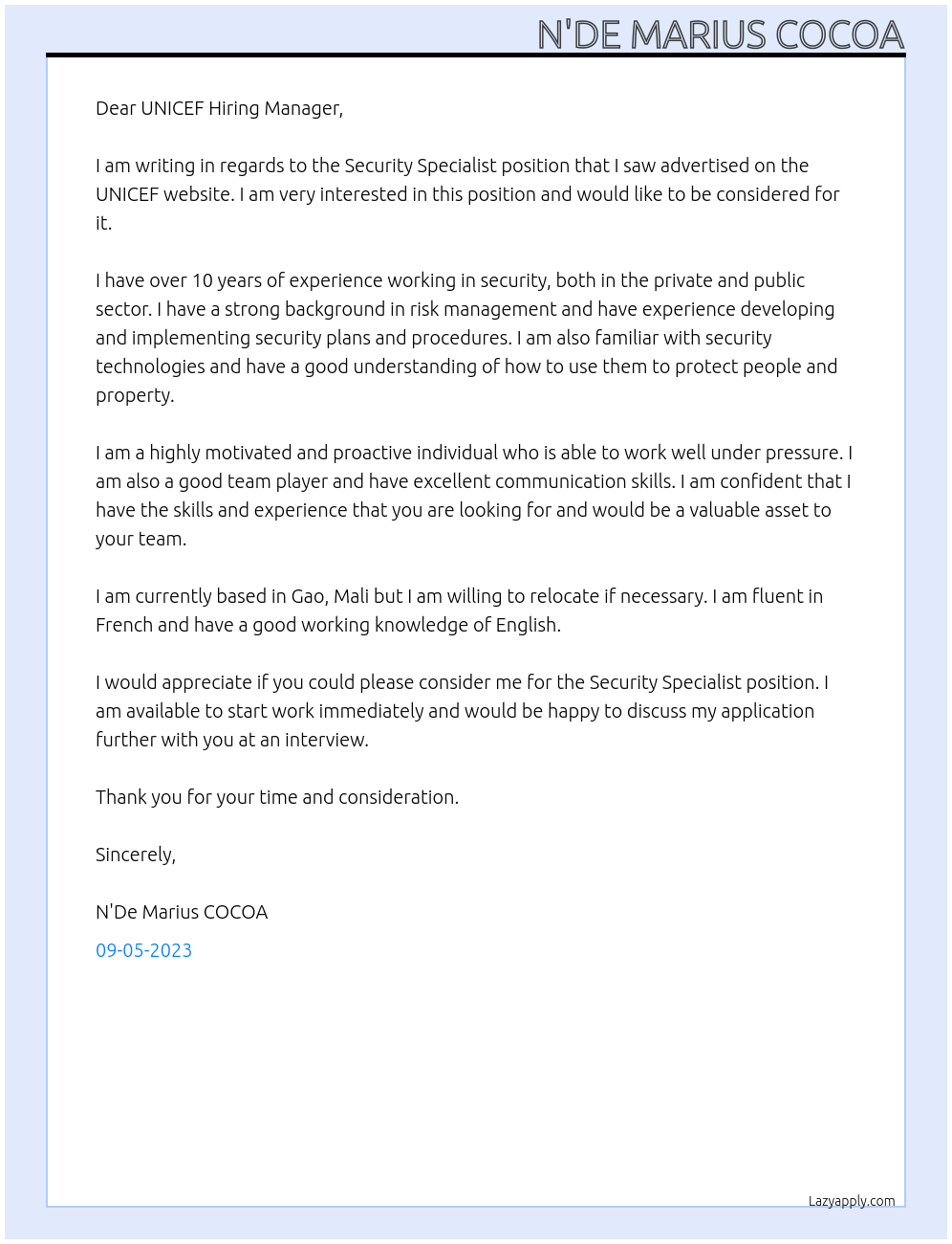 Security Specialist At UNICEF Cover Letter