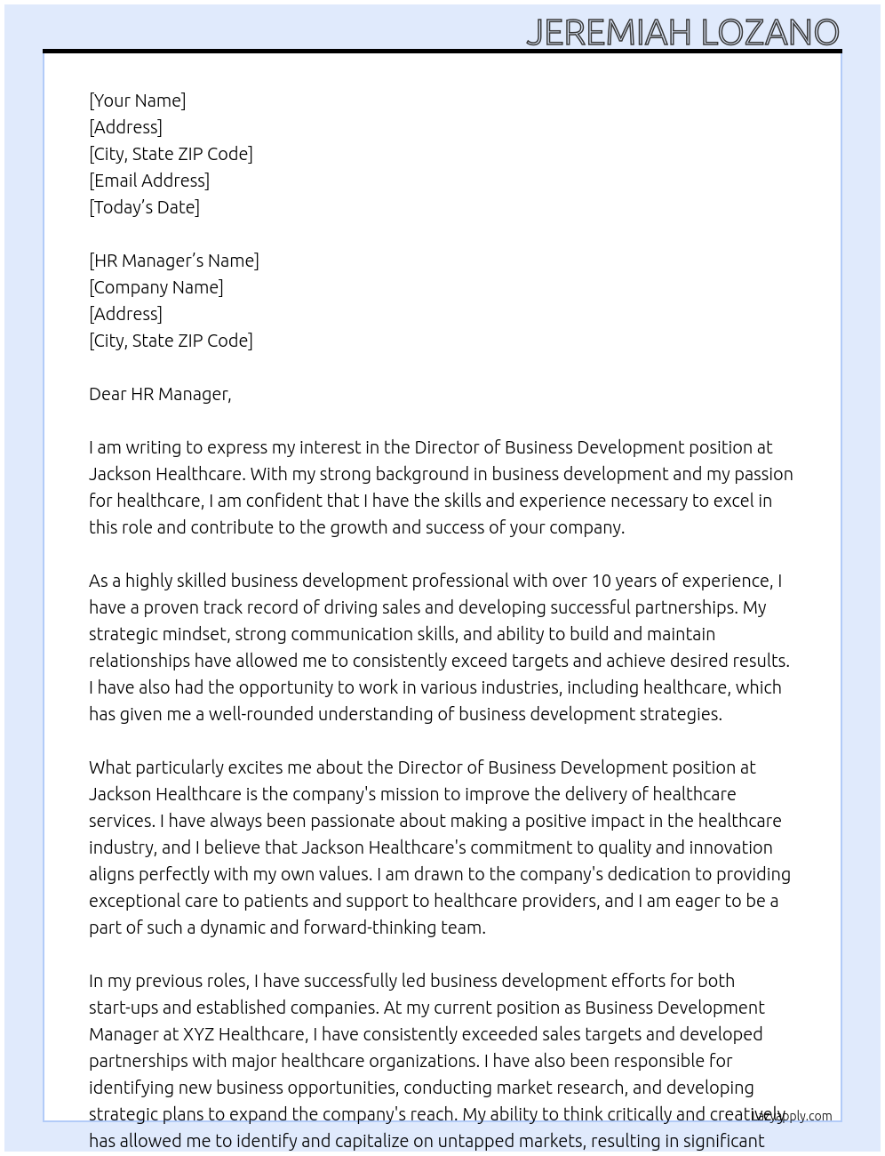 Director of Business Development At Jackson Healthcare Cover Letter