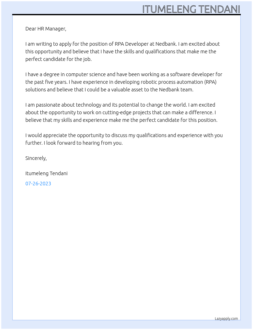 RPA Developer At Nedbank Cover Letter