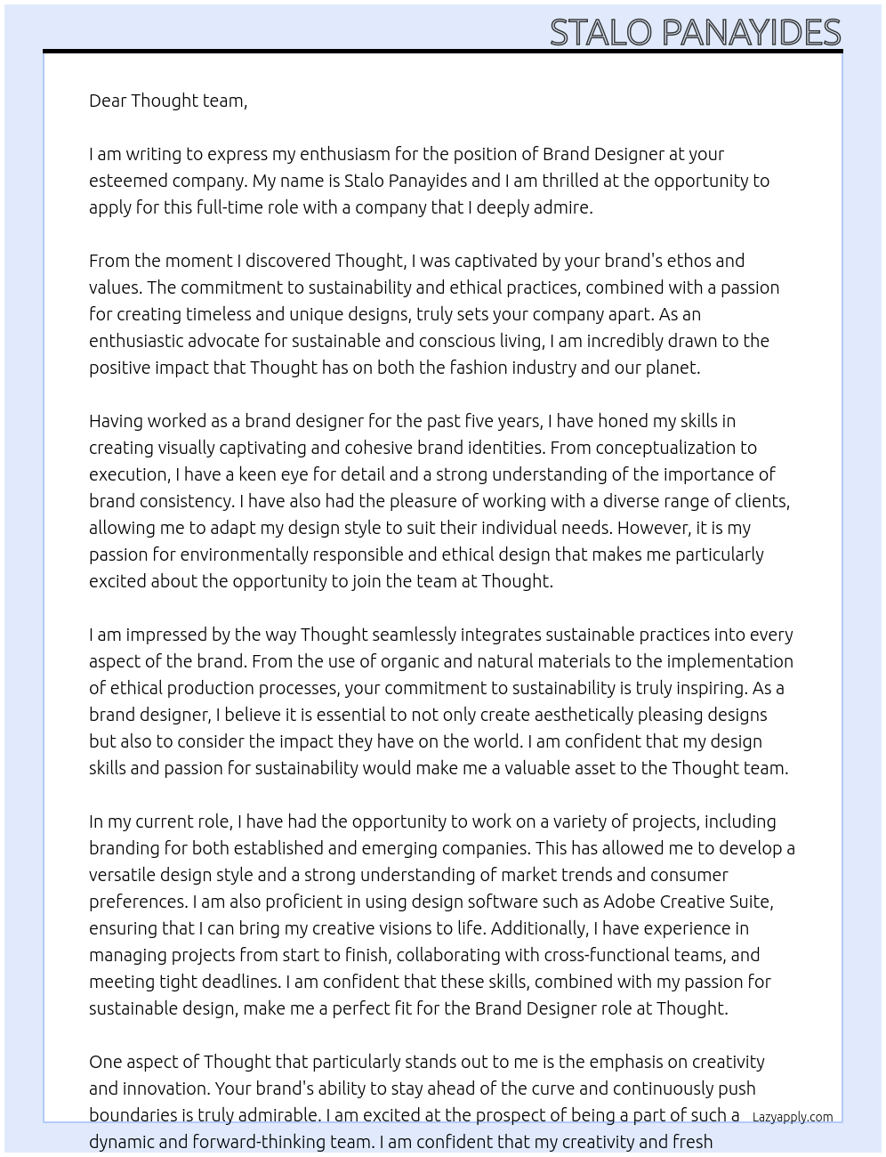 Brand designer  At Thought  Cover Letter