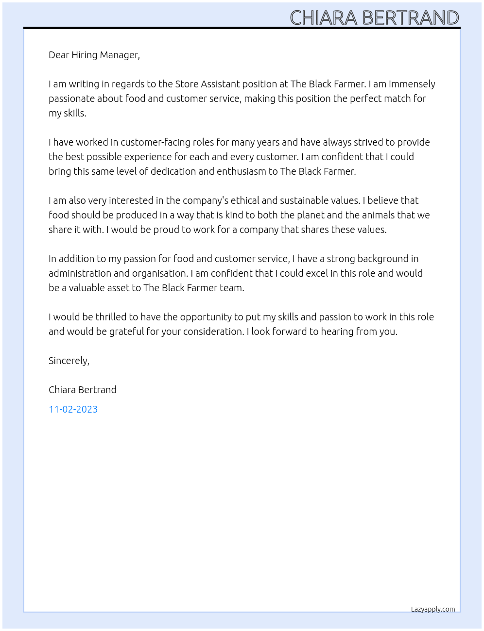 Store Assistant At The Black Farmer Cover Letter