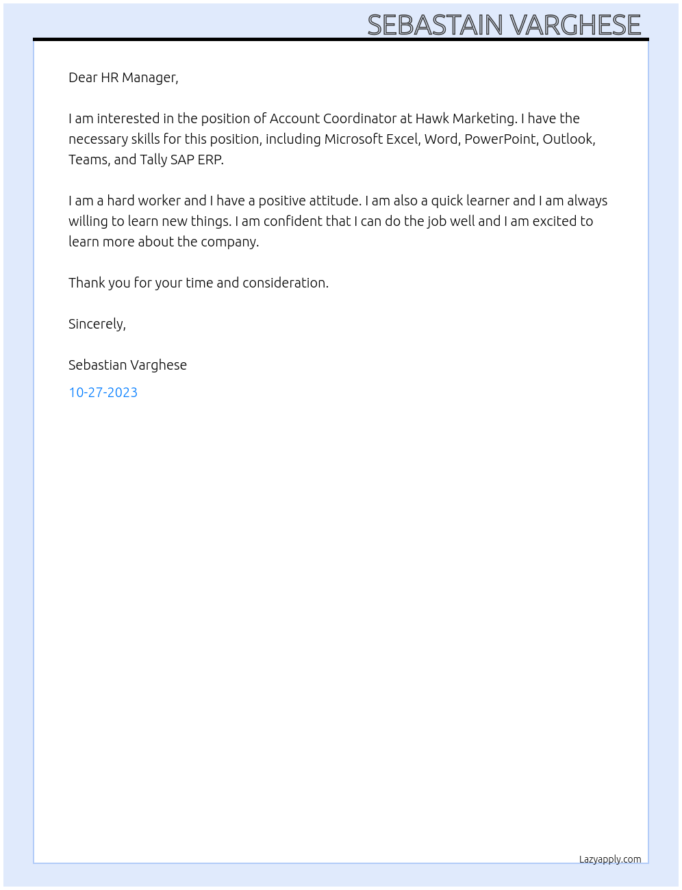 Account Coordinator At Hawk Marketing Cover Letter